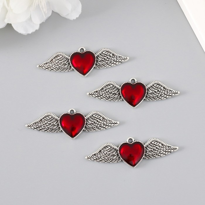 Декор для творчества металл Декор для творчества металл "Красное сердце крылья" серебро эмаль 5,3х1,8 см