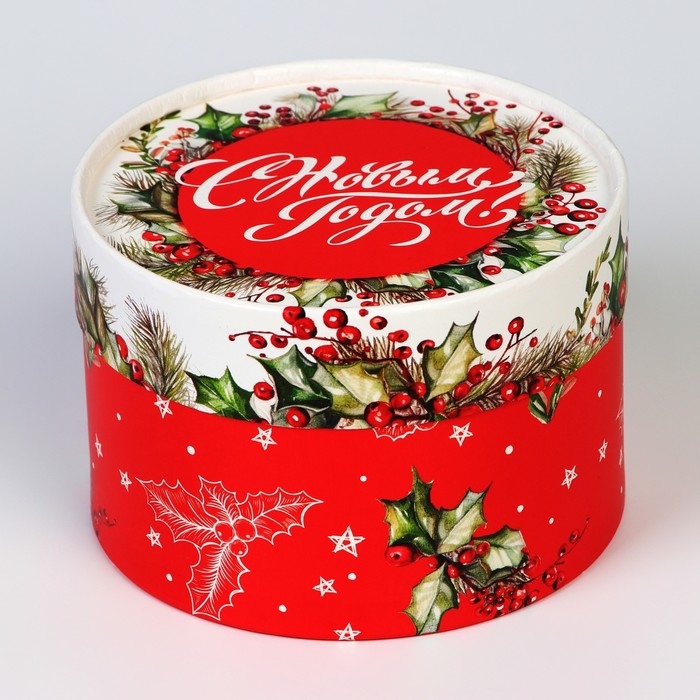 Новый год. Коробка подарочная новогодняя для макарун тубус без окна Новый год. Коробка подарочная новогодняя для макарун тубус без окна "Листья", 13 х 8,5 см.
