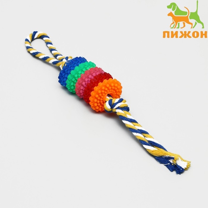 Игрушка жевательная Игрушка жевательная "Шестерёнка на канате", 32 см, диаметр колец 5 см, микс цветов
