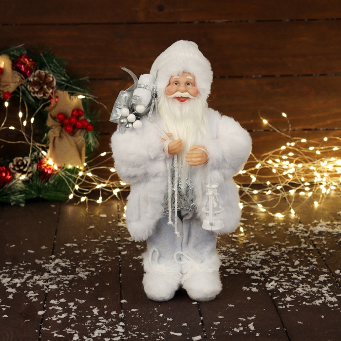 Дед Мороз  Дед Мороз "В белой шубке, с фонариком и подарками" Микс 30 см