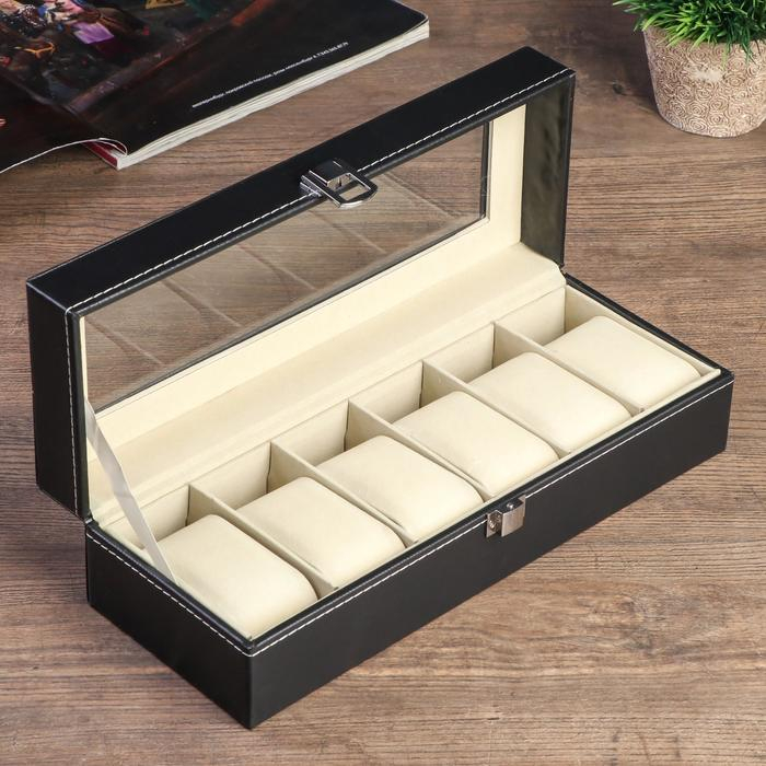 Шкатулка кожзам под часы 6 отделений "Чёрная ночь" матовая 8х30х11 см