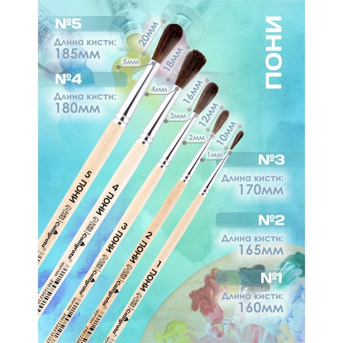 Набор кистей Пони 5 штук, Calligrata №3 (круглые №: 1, 2, 3, 4, 5), деревянная ручка, в пенале Набор кистей Пони 5 штук, Calligrata №3 (круглые №: 1, 2, 3, 4, 5), деревянная ручка, в пенале