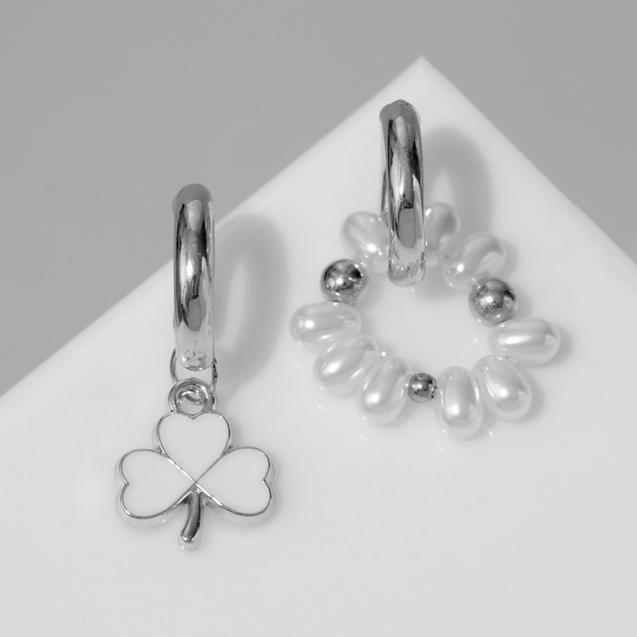 Серьги со съёмным элементом «Трансформер» клевер-сердце, цвет бело-бежевый в серебре Серьги со съёмным элементом «Трансформер» клевер-сердце, цвет бело-бежевый в серебре