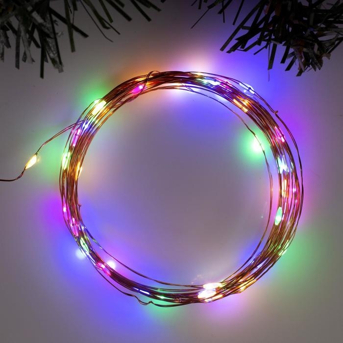 Гирлянда «Нить» 5 м роса, IP20, медная нить, 50 LED, свечение мульти, 2 режима, AAх3 Гирлянда «Нить» 5 м роса, IP20, медная нить, 50 LED, свечение мульти, 2 режима, AAх3