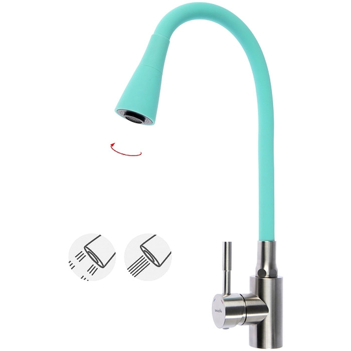 Смеситель для кухни Accoona A9890K-3, однорычажный, гибкий излив, 2 режима, бирюзовый Смеситель для кухни Accoona A9890K-3, однорычажный, гибкий излив, 2 режима, бирюзовый