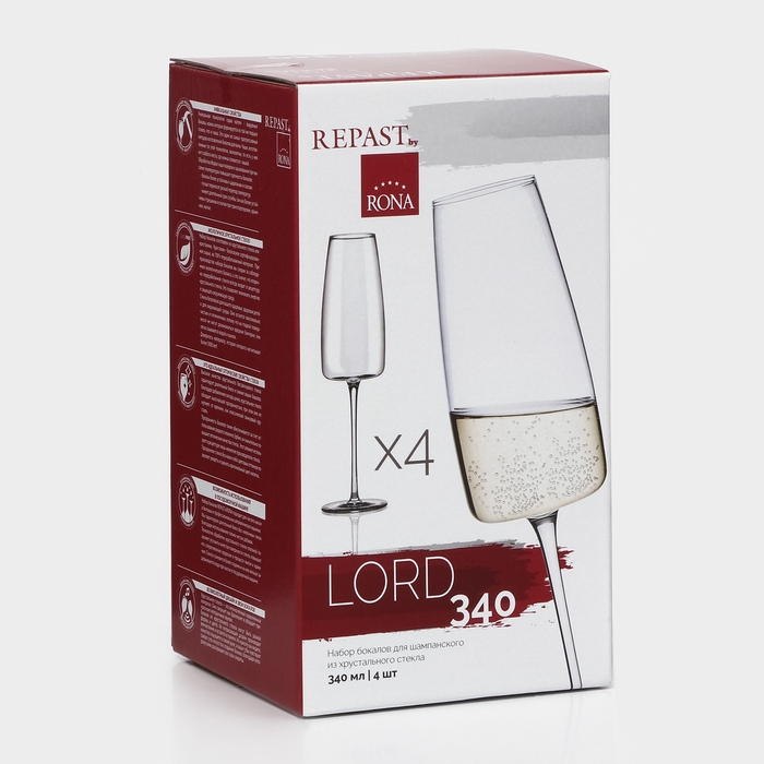 Набор бокалов для шампанского LORD, 340 мл, хрустальное стекло, 4 шт Набор бокалов для шампанского LORD, 340 мл, хрустальное стекло, 4 шт