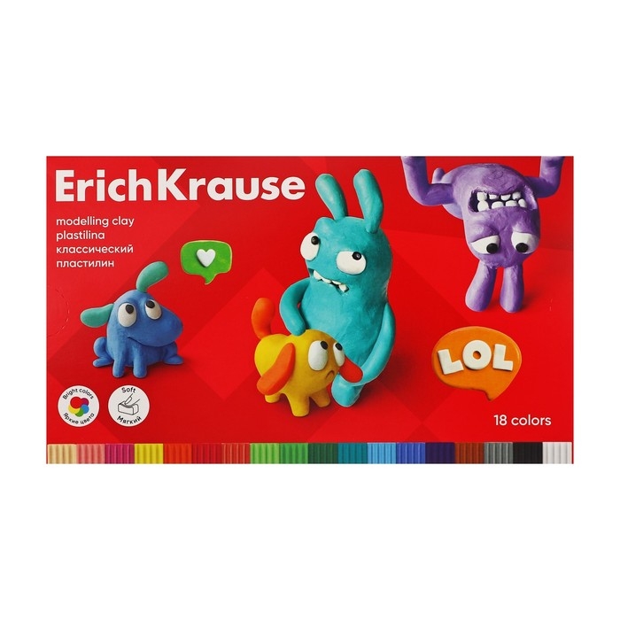 Пластилин 18 цветов, 324 г, ErichKrause Пластилин 18 цветов, 324 г, ErichKrause "Jolly Friends", со стеком, в картонной упаковке