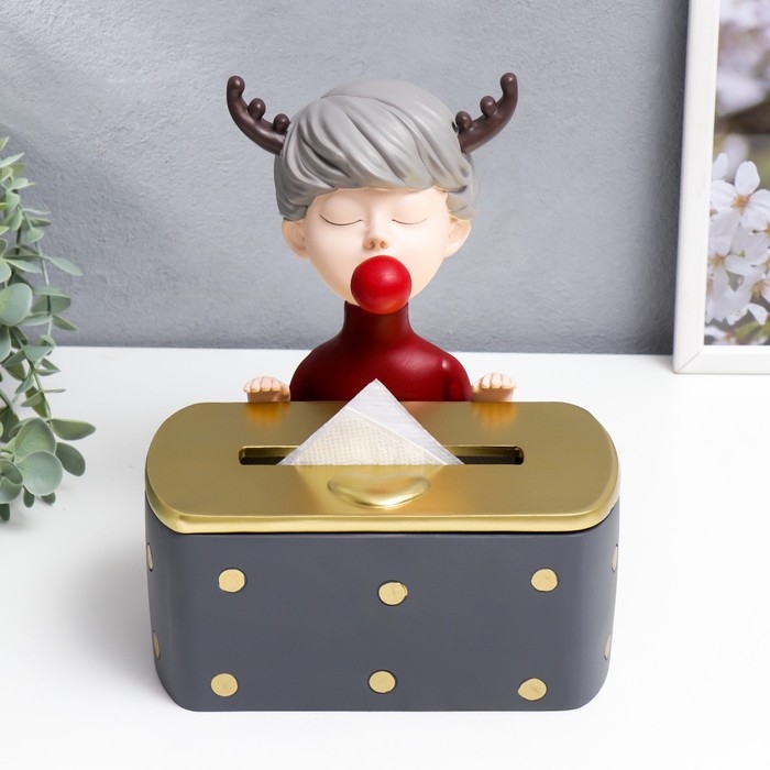 Сувенир полистоун салфетница  Сувенир полистоун салфетница "Девочка с оленьими рожками с красным пузырём" 22х26х19 см