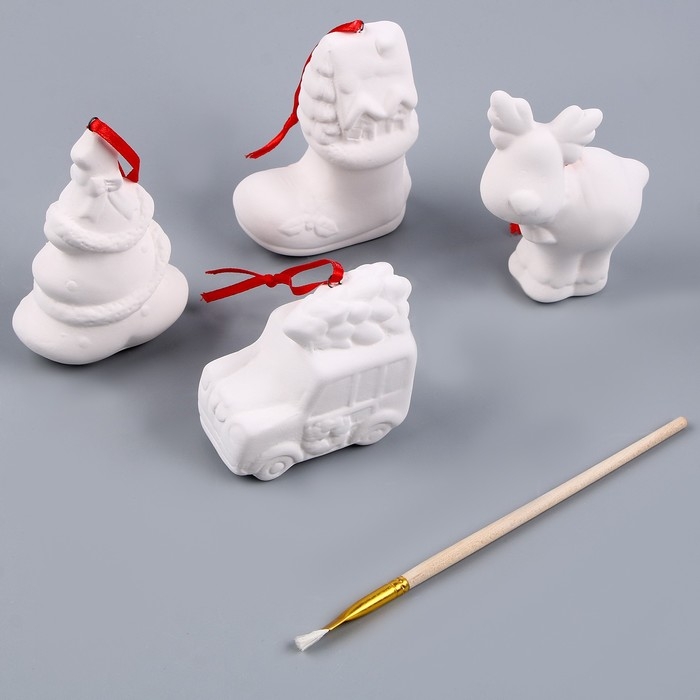 Набор ёлочных украшений под раскраску «Блеск», 4 шт., с подвесом, кисть