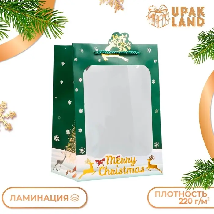 Пакет подарочный ламинированный с окном «Новый Год», тиснение, 18×25×13 см, зеленый Пакет подарочный ламинированный с окном «Новый Год», тиснение, 18×25×13 см, зеленый