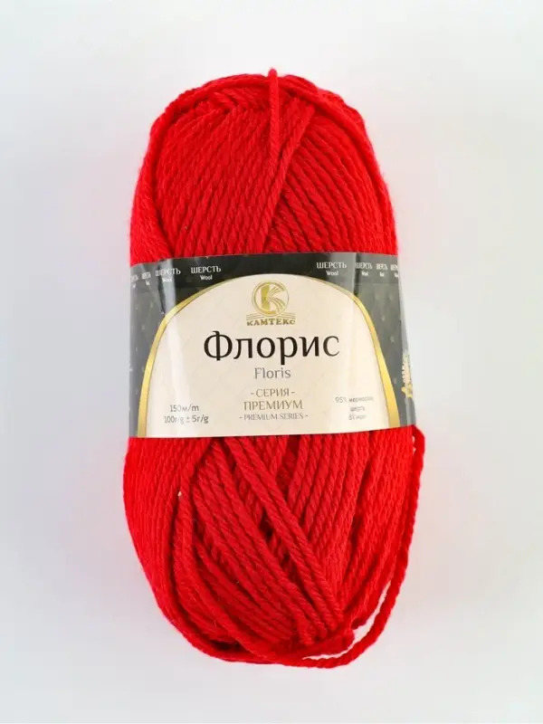 Пряжа &laquo;Флорис&raquo; 95 % мериносовая шерсть, акрил 5 % 150 м/100 г (046 красный)