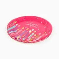 Тарелка одноразовая бумажная «С Днём рождения, свечи», розовая, 18 см