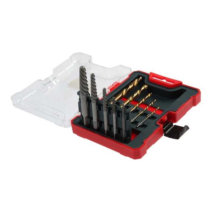 Набор экстракторов и сверл ТУНДРА, крупная левая резьба, 45 сталь М1-М5, d=2.4-8 мм HSS, TIN Набор экстракторов и сверл ТУНДРА, крупная левая резьба, 45 сталь М1-М5, d=2.4-8 мм HSS, TIN