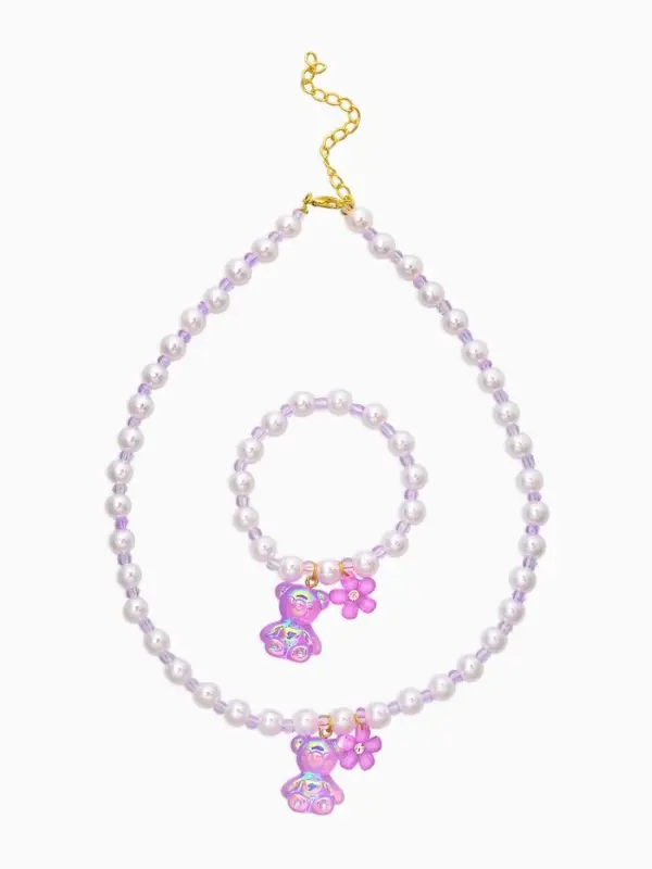 Набор детский "Выбражулька" 2 пред-а: бусы, браслет, мармеладный мишка, бело-фиолетовый