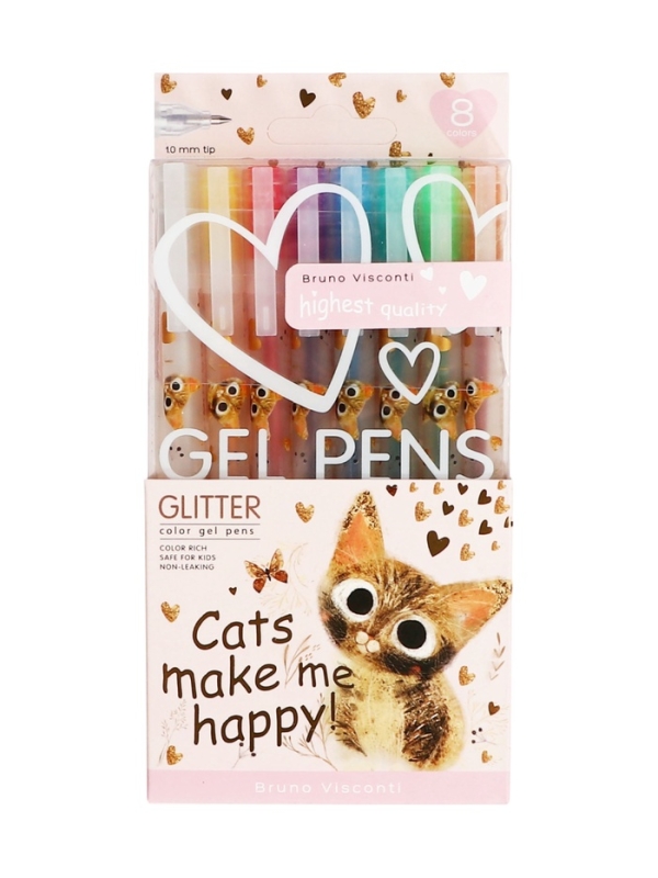 Набор гелевых ручек 8цв GLITTER. LOVE ME. Милый котик, 1.0мм, с блестками