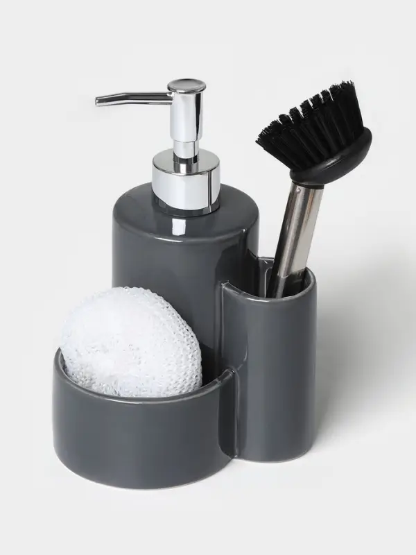 Дозатор для моющего средства Доляна &laquo;Милитари&raquo;, 370 мл, с губкой и щёткой, серый