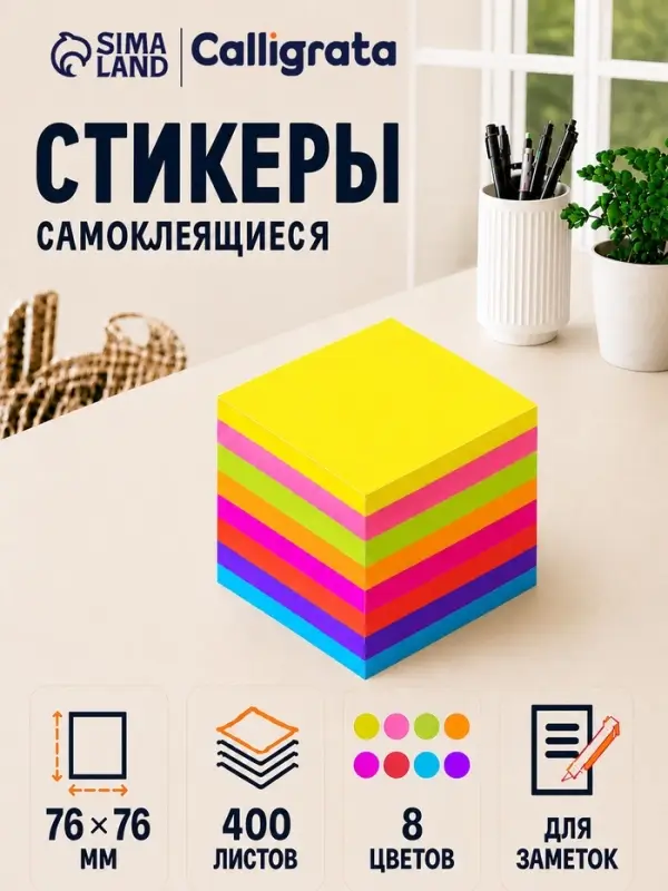 Блок с липким краем 76 мм &times; 76 мм, 400 листов, флуоресцентный, 8 цветов