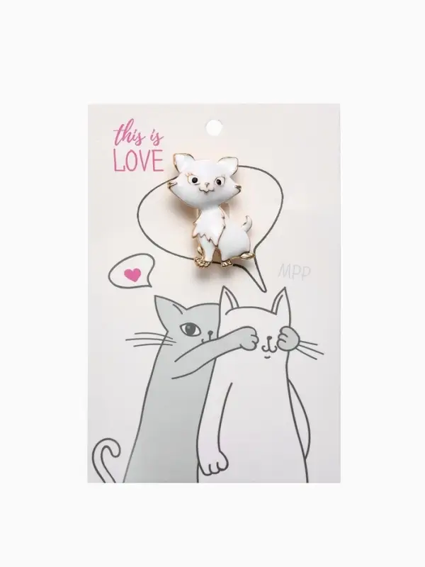 Брошь &laquo;Котенок&raquo;, взъерошенный, белая в золоте