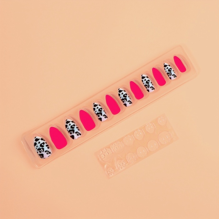 Накладные ногти «Лео», 12 шт, с клеевыми пластинами, форма миндаль, чёрные, розовые