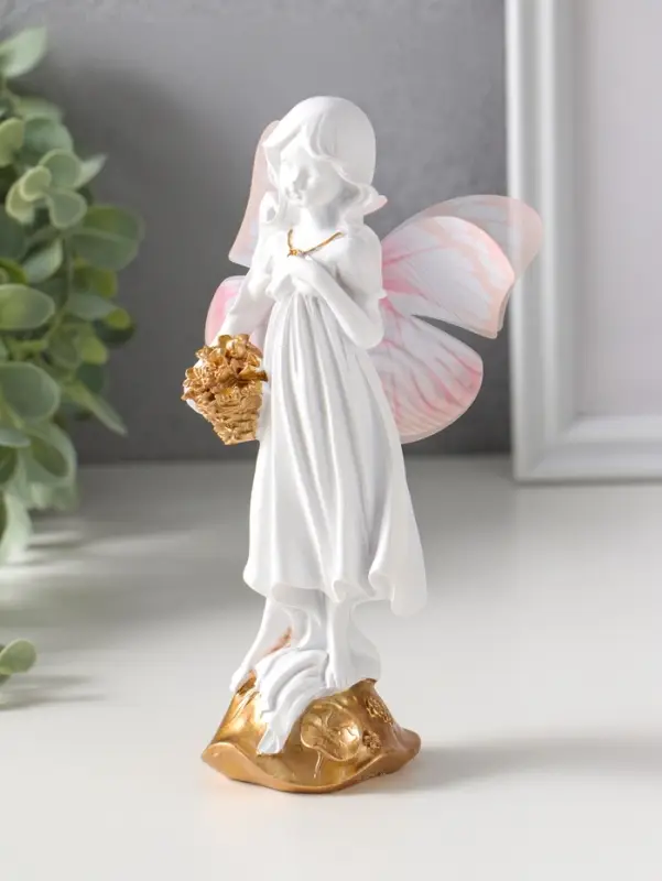 Сувенир полистоун "Девочка-бабочка с золотыми цветами в корзинке" белый 5х6,5х17,2 см