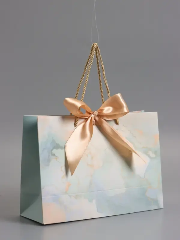 Пакет подарочный "Мрамор" , голубой , с бантиком , 28 х 20 х 10 см