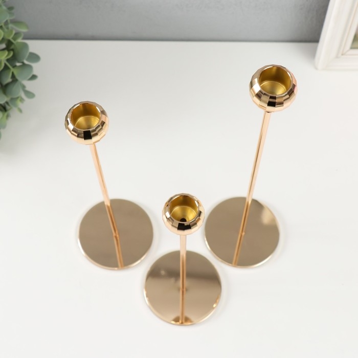 Подсвечник металл Подсвечник металл "Шар с гранями" d=2 см набор 3 шт золото 22 см, 27 см, 32 см