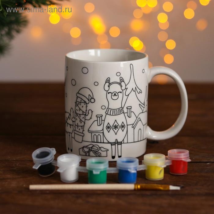 Набор кружка под раскраску «Лама новогодняя» краска 6 цв по 2 мл, кисть Набор кружка под раскраску «Лама новогодняя» краска 6 цв по 2 мл, кисть