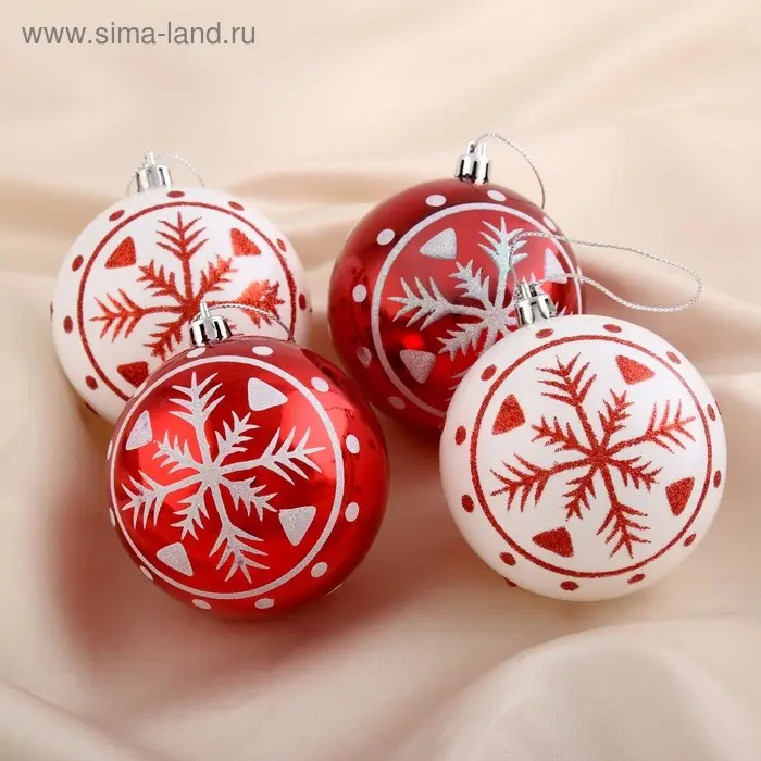 Ёлочные игрушки «Снежинка», шары новогодние, набор 4 шт., d=8 см, красный/белый Ёлочные игрушки «Снежинка», шары новогодние, набор 4 шт., d=8 см, красный/белый