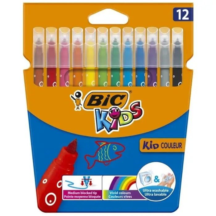 Фломастеры 12 цветов BIC Kid Couleur, детские, смываемые, среднее письмо Фломастеры 12 цветов BIC Kid Couleur, детские, смываемые, среднее письмо