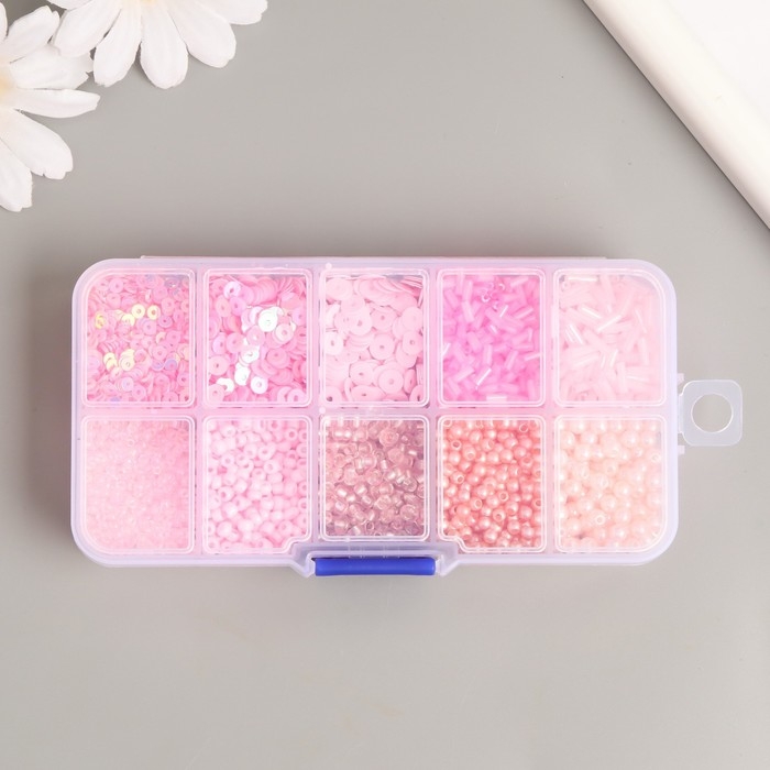 Бисер стекло 8/0, 12/0 в шкатулке  Бисер стекло 8/0, 12/0 в шкатулке "Розовый" бусины, стеклярус и пайетки 13х6,5х2,3 см