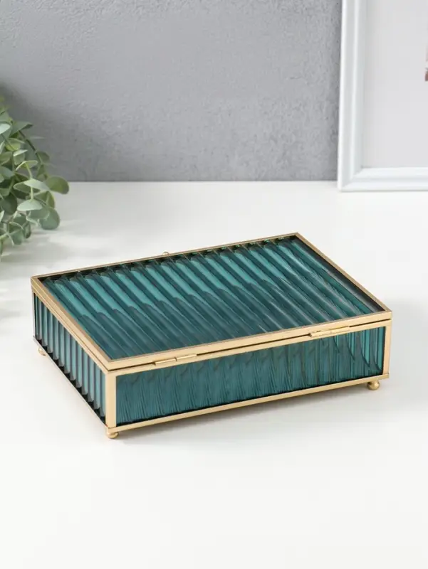 Шкатулка стекло с металлическим каркасом  "Линии" голубая 17х21,5х6,5 см