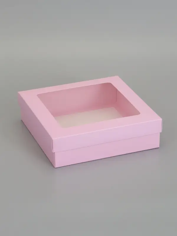 Коробка складная, крышка-дно,с окном, розовая, 23 х 23 х 6,5 см
