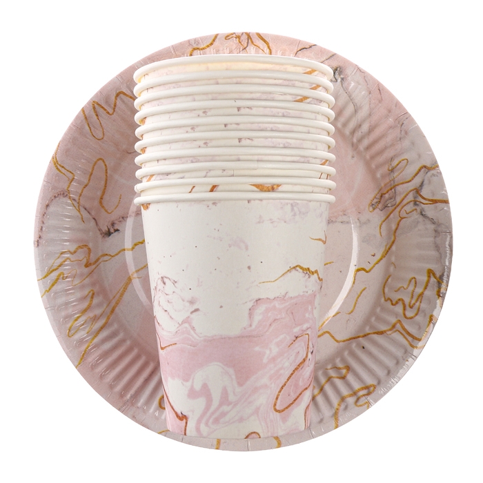 Набор бумажной посуды одноразовый «Мрамор»: 10 стаканов, 10 тарелок Набор бумажной посуды одноразовый «Мрамор»: 10 стаканов, 10 тарелок
