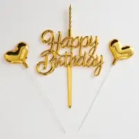 Топпер для торта Happy Birthday, золотой с сердечками и свечкой