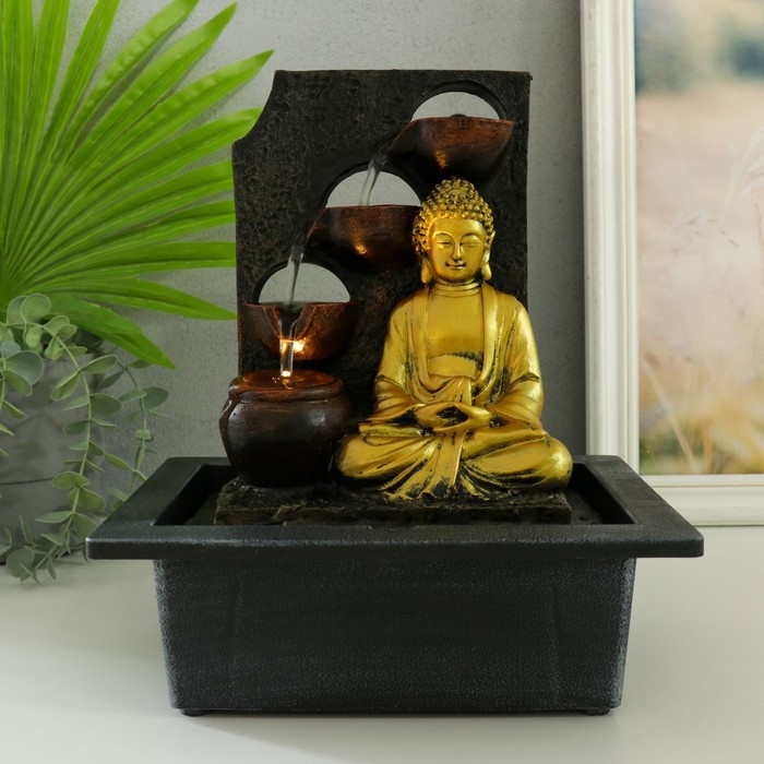 Фонтан настольный от сети, подсветка Фонтан настольный от сети, подсветка "Будда в золотом у стены с водопадом" 23х17.5х28 см