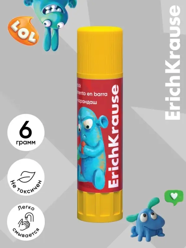Клей-карандаш, ErichKrause EasyStick Jolly Friends, PVP, экономичный расход, 6 г, МИКС