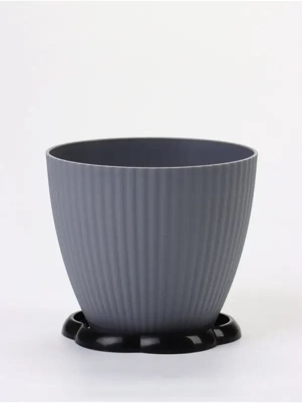 Горшок для цветов пластиковый Ribbed, 1 л, d=13.5 см, h=12 см, поддон МИКС, серый
