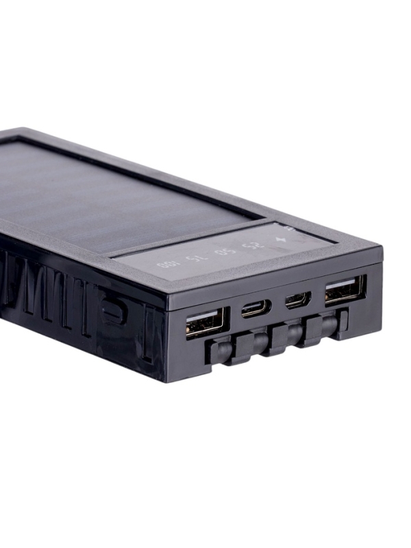 Внешний аккумулятор 10000 мАч, 10 W, 2 USB, Type-C, фонарик, солнечная панель, чёрный