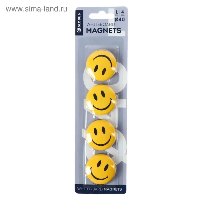 Магниты для досок  Магниты для досок "Смайлики" 40 мм, 4 штуки, GLOBUS желтые