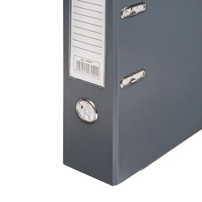 Папка-регистратор А4, 75 мм, ПВХ, металлическая окантовка, карман на корешок, собранная, серая, МИКС