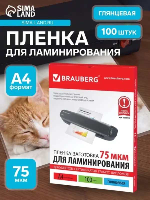 Пленка для ламинирования A4 216&times;303 мм, 75 мкм, 100 штук, глянцевые, BRAUBERG