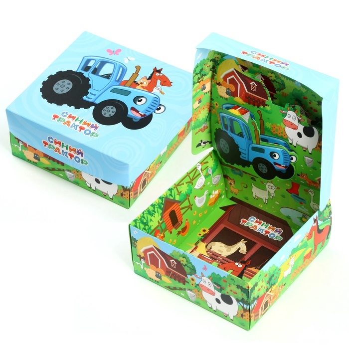 Подарочная коробка складная с 3Д, Синий трактор, 15х15х7 см Подарочная коробка складная с 3Д, Синий трактор, 15х15х7 см