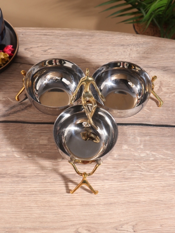 Менажница "Единство" 3 чаши, 27х27х14 см, нержавеющая сталь, латунь