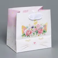 Пакет подарочный ламинированный квадратный, упаковка, «Кошка‒единорожка», 14 х 14 х 9 см