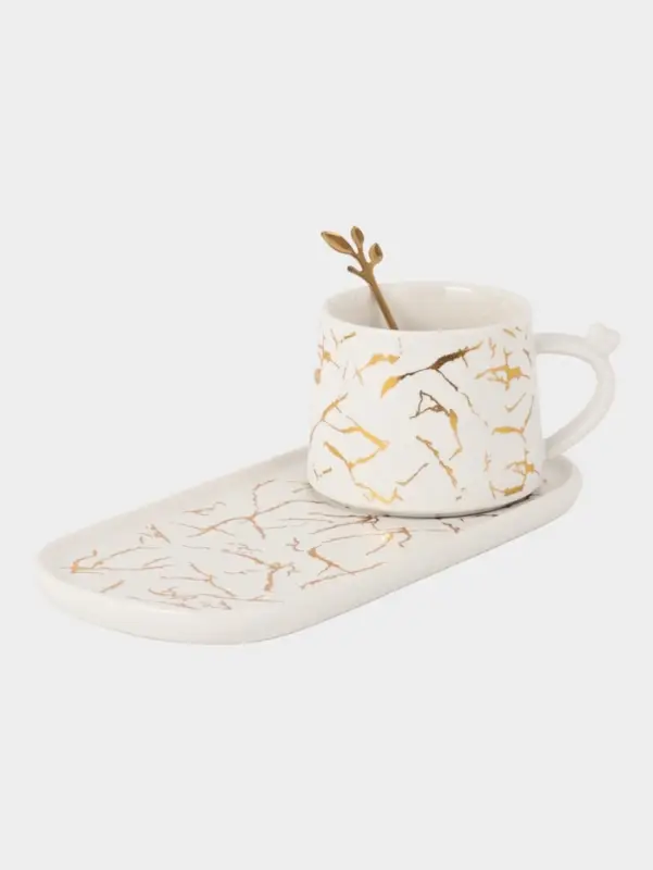 Чайная пара &laquo;Мрамор&raquo;, 2 предмета: чашка 250 мл, блюдце 13.5&times;11&times;1 см, керамика, белая