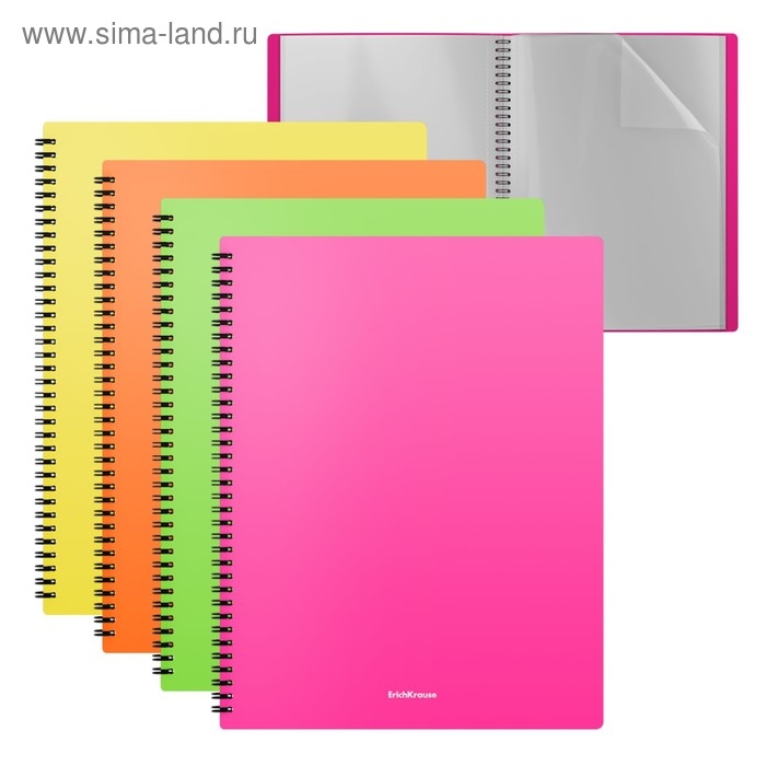 Папка с 20 вкладышами на спирали, А4, 600 мкм, ErichKrause Matt Neon, текстура Папка с 20 вкладышами на спирали, А4, 600 мкм, ErichKrause Matt Neon, текстура "песок", МИКС