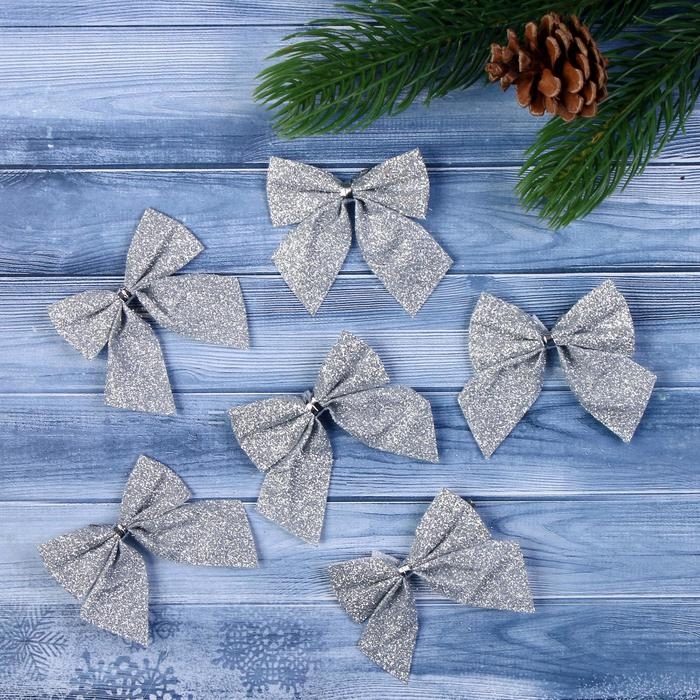 Ёлочные игрушки 12 шт. «Зимнее волшебство. Бантик - блеск» пластик, 4,5х5,5 см, серебро