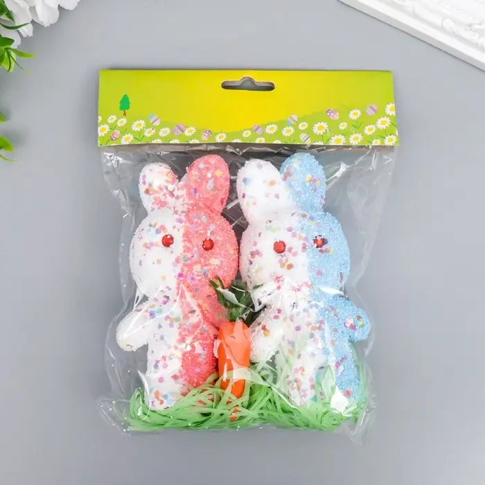 Пасхальный декор «Зайчата в посыпке с морковкой и травкой», набор: розовый, голубой, 12 см, настольная фигурка Пасхальный декор «Зайчата в посыпке с морковкой и травкой», набор: розовый, голубой, 12 см, настольная фигурка