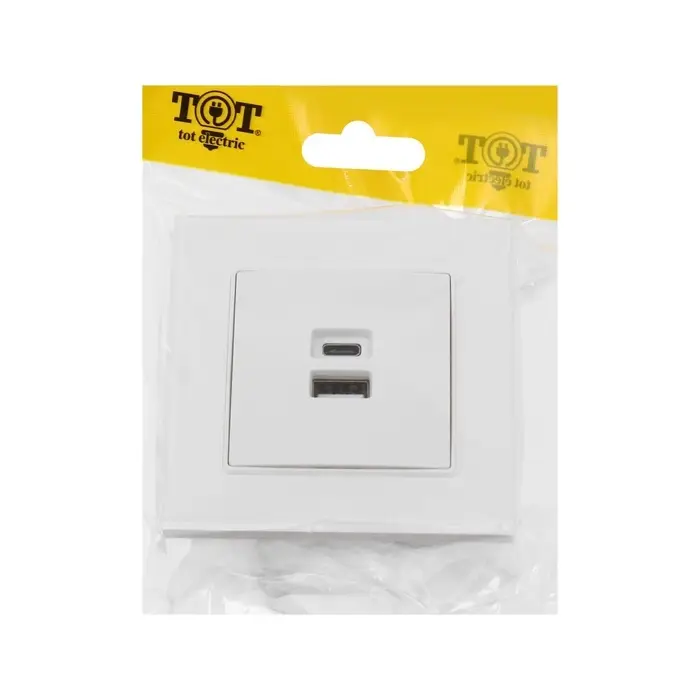 Розетка TOT Glossy Glass, 5 В, 2.1 A, разъёмы USB-A + USB-C, стекло, скрытая, белая