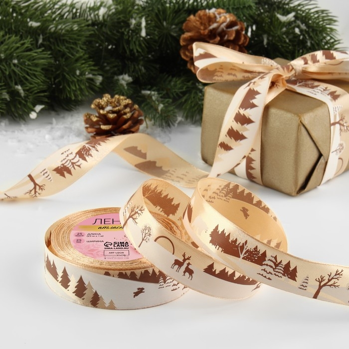 Новый год! Лента атласная «Снежные горы», 25 мм, 23 ± 1 м, цвет бежевый/коричневый №155 Новый год! Лента атласная «Снежные горы», 25 мм, 23 ± 1 м, цвет бежевый/коричневый №155